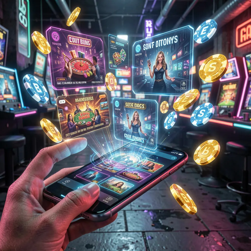 Futuristic holographic casino interface projected from a smartphone with glowing chips and digital effects showcasing the TK488 mobile app in Bangladesh