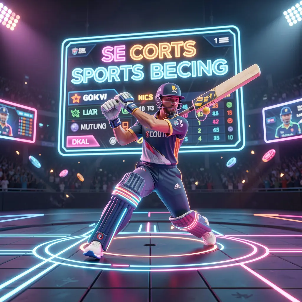 Futuristic neon cricket player striking the ball inside a glowing arena symbolizing advanced sports betting on TK488 in Bangladesh