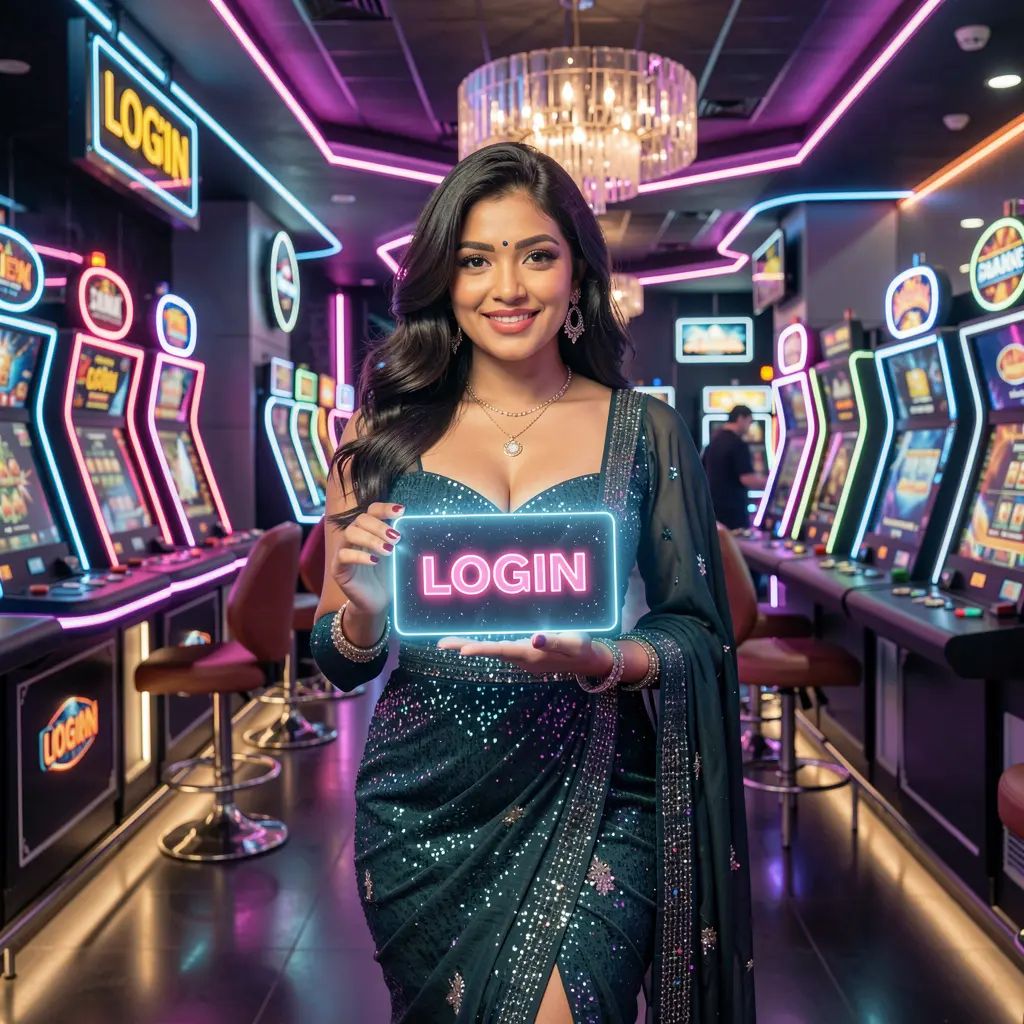 Stylish Bangladeshi woman in a glamorous dress holding a glowing login card inside a futuristic casino environment at TK488